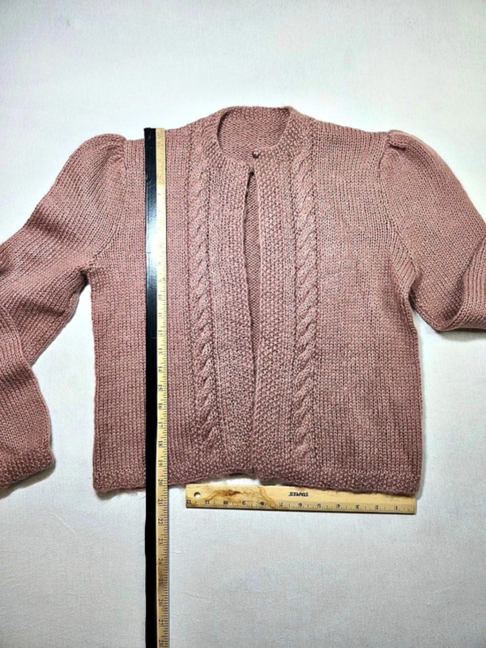 Cable Hand Knit Crewneck Cardigan Sweater in Pink In XS To S